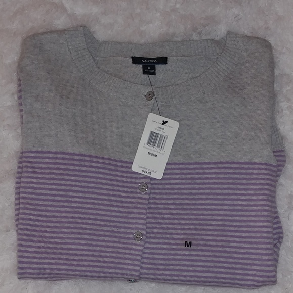 Nautica Sweaters - Nautica Women's Grey With Purple Stripes Cardigan